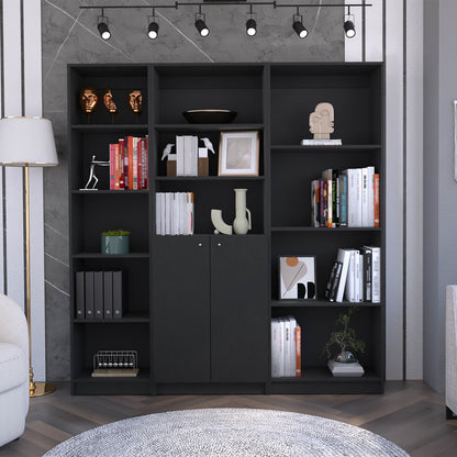 Poole 3 Piece Home Bookcase set, 67' Wide with 12 Shelves and Two-Door Cabinet ,  Living Room Set Set  Black