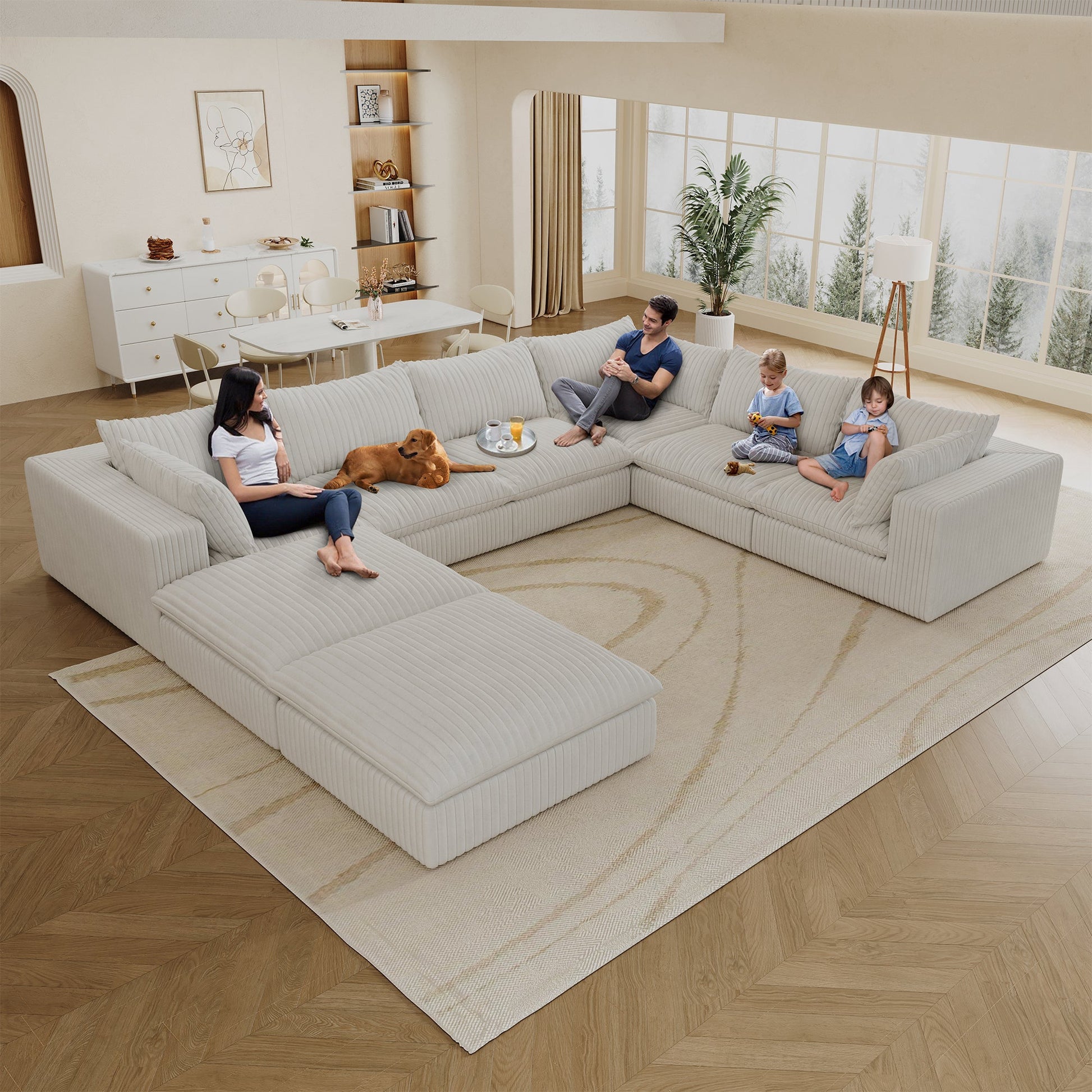 157.6' Cloud Sofa,Corduroy Fabric,Deep Seat Couches,Double - layer design,Removable Cushion,No Assembly, DIY Combination for Living room, Bedroom,Conference room ,Apartment,White - 1st Choice Furniture Direct