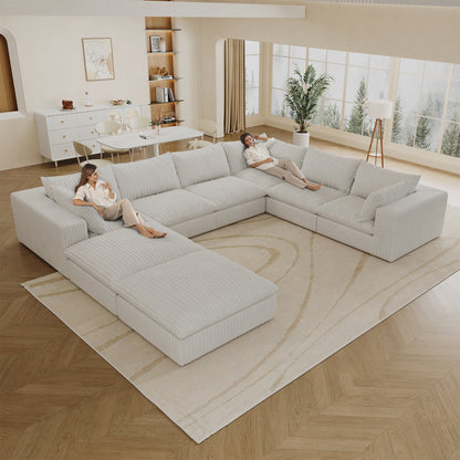 157.6' Cloud Sofa,Corduroy Fabric,Deep Seat Couches,Double - layer design,Removable Cushion,No Assembly, DIY Combination for Living room, Bedroom,Conference room ,Apartment,White - 1st Choice Furniture Direct
