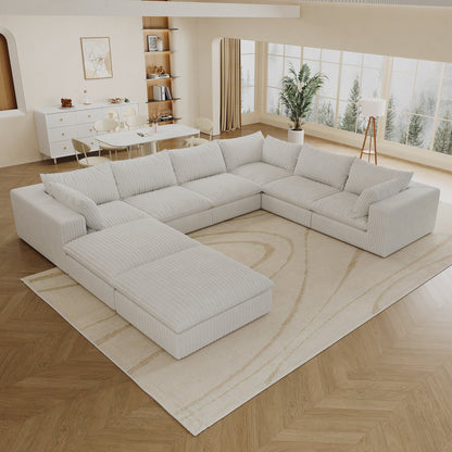 157.6' Cloud Sofa,Corduroy Fabric,Deep Seat Couches,Double - layer design,Removable Cushion,No Assembly, DIY Combination for Living room, Bedroom,Conference room ,Apartment,White - 1st Choice Furniture Direct