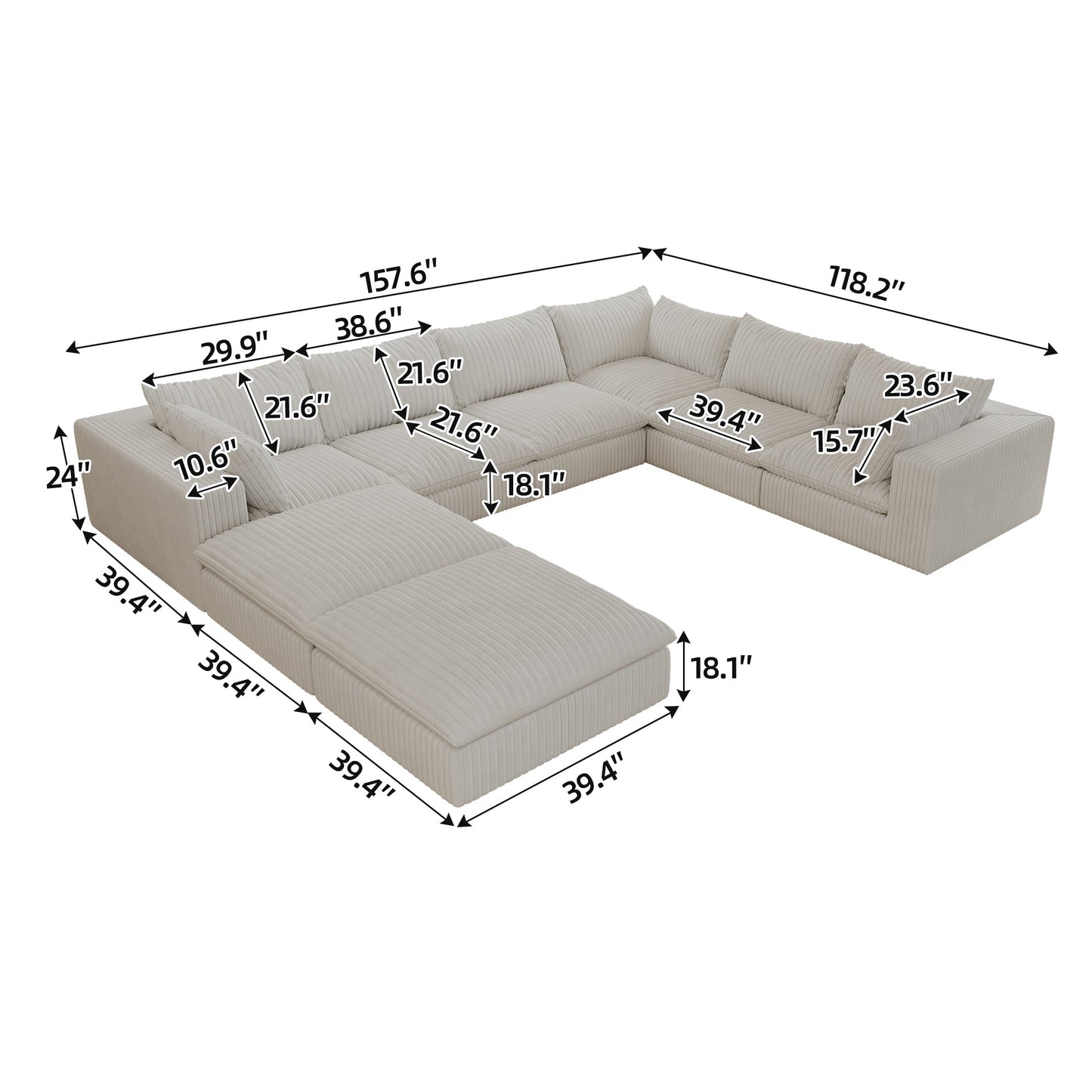 157.6' Cloud Sofa,Corduroy Fabric,Deep Seat Couches,Double - layer design,Removable Cushion,No Assembly, DIY Combination for Living room, Bedroom,Conference room ,Apartment,White - 1st Choice Furniture Direct