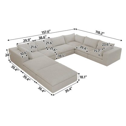 157.6' Cloud Sofa,Corduroy Fabric,Deep Seat Couches,Double - layer design,Removable Cushion,No Assembly, DIY Combination for Living room, Bedroom,Conference room ,Apartment,White - 1st Choice Furniture Direct