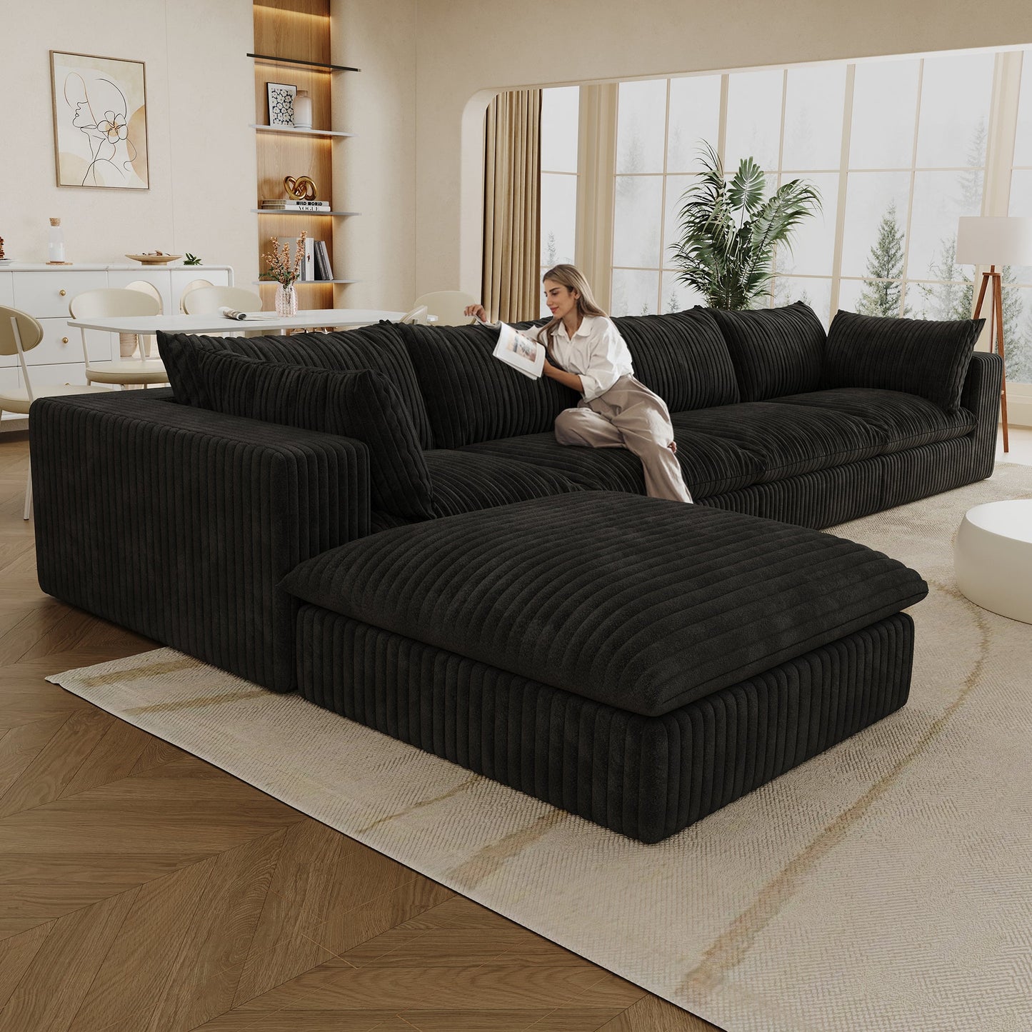 157.6'Cloud Sofa,Corduroy Fabric,Deep Seat Couches,Double - layer design,Removable Cushion,No Assembly,DIY Combination for Living room, Bedroom,Conference room ,Apartment,Black - 1st Choice Furniture Direct