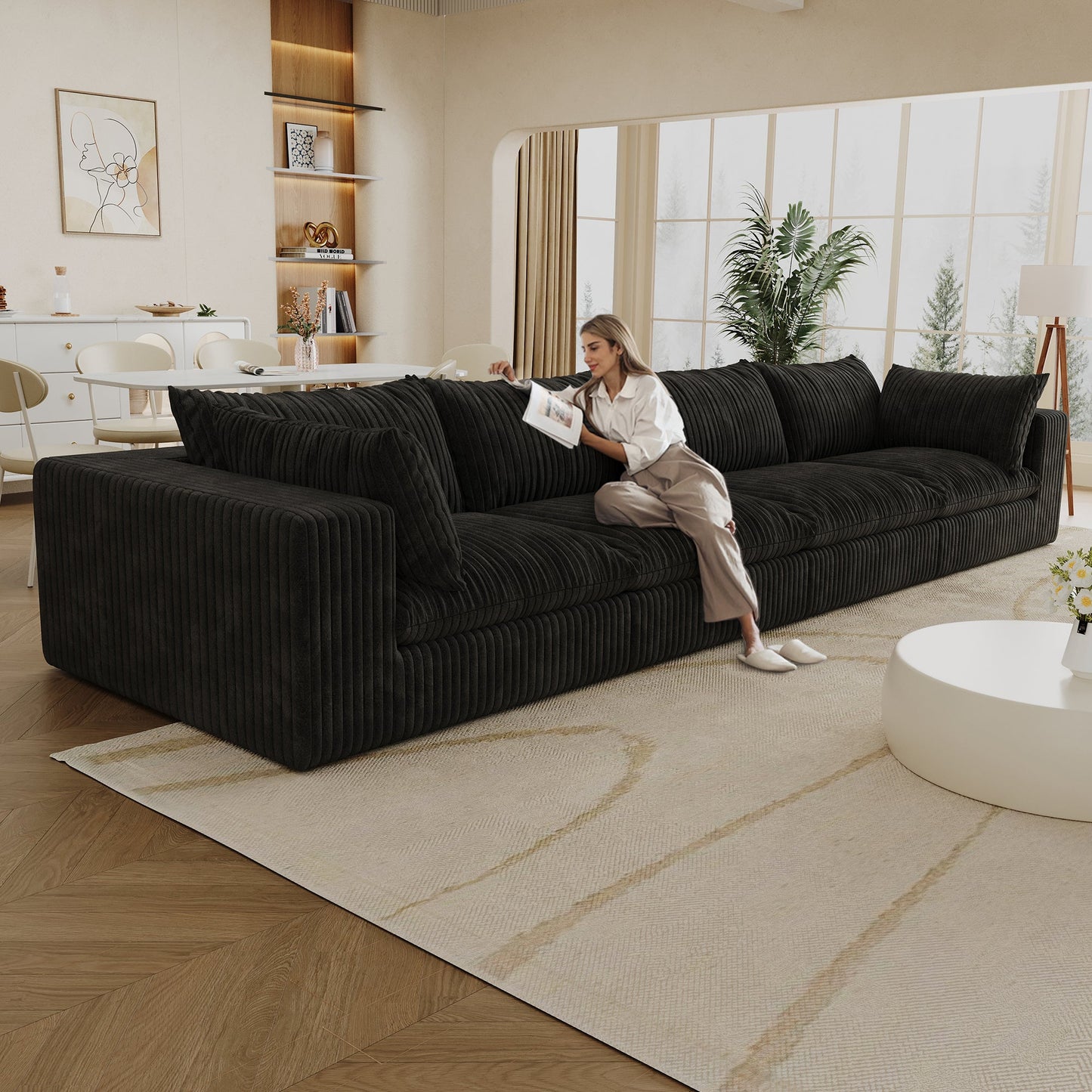157.6'Cloud Sofa,Corduroy Fabric,Deep Seat Couches,Double - layer design,Removable Cushion,No Assembly,DIY Combination for Living room, Bedroom,Conference room ,Apartment,Black - 1st Choice Furniture Direct