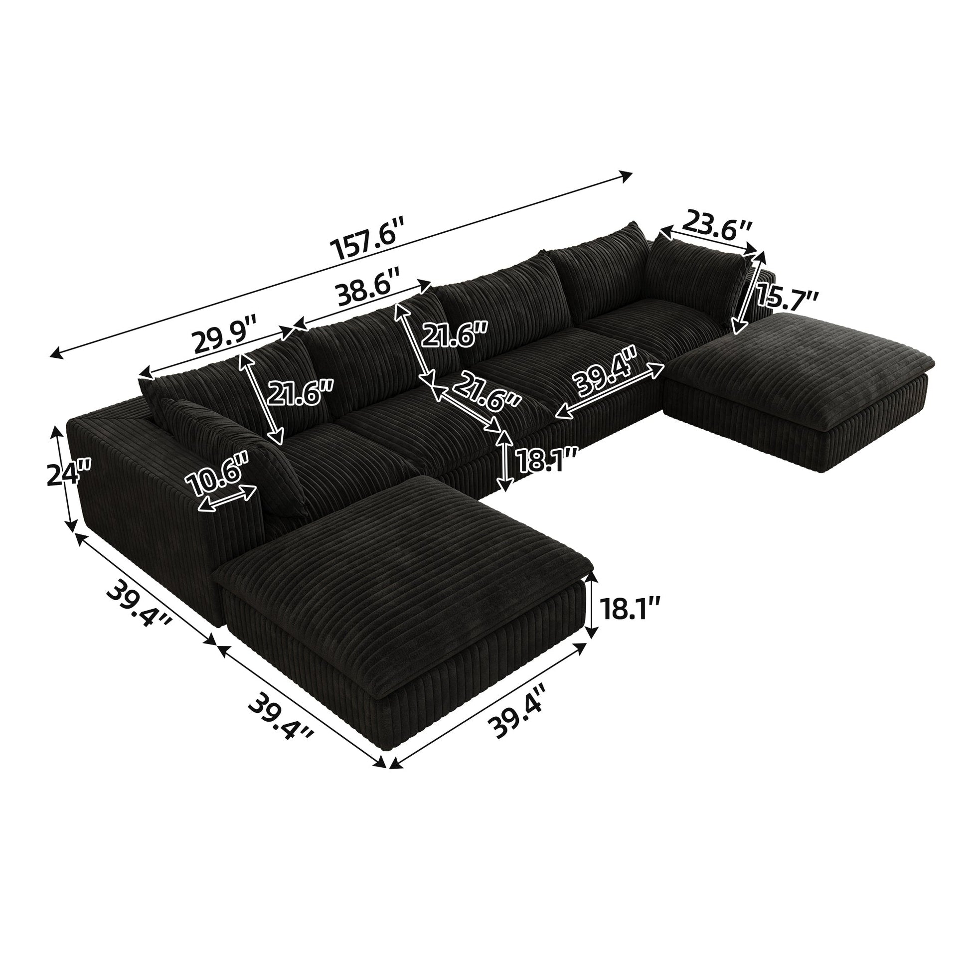 157.6'Cloud Sofa,Corduroy Fabric,Deep Seat Couches,Double - layer design,Removable Cushion,No Assembly,DIY Combination for Living room, Bedroom,Conference room ,Apartment,Black - 1st Choice Furniture Direct