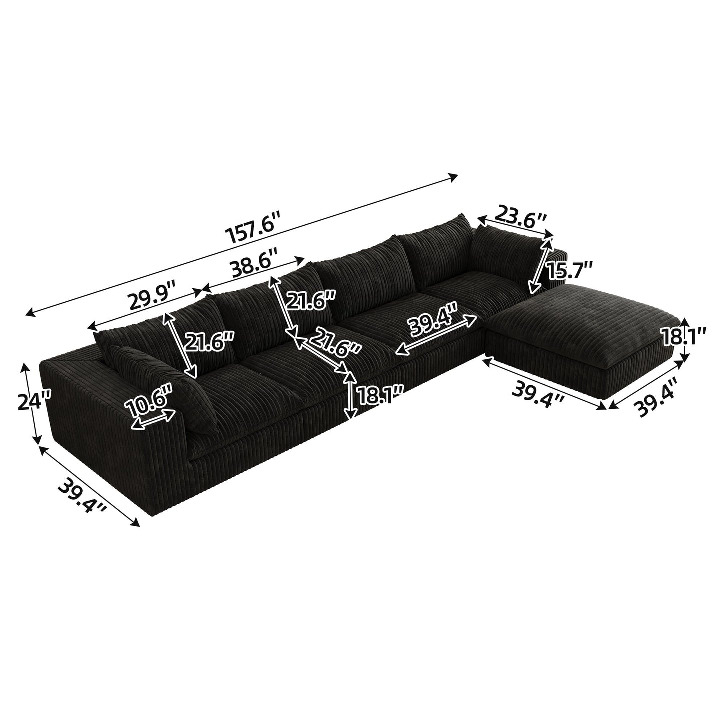 157.6'Cloud Sofa,Corduroy Fabric,Deep Seat Couches,Double - layer design,Removable Cushion,No Assembly,DIY Combination for Living room, Bedroom,Conference room ,Apartment,Black - 1st Choice Furniture Direct