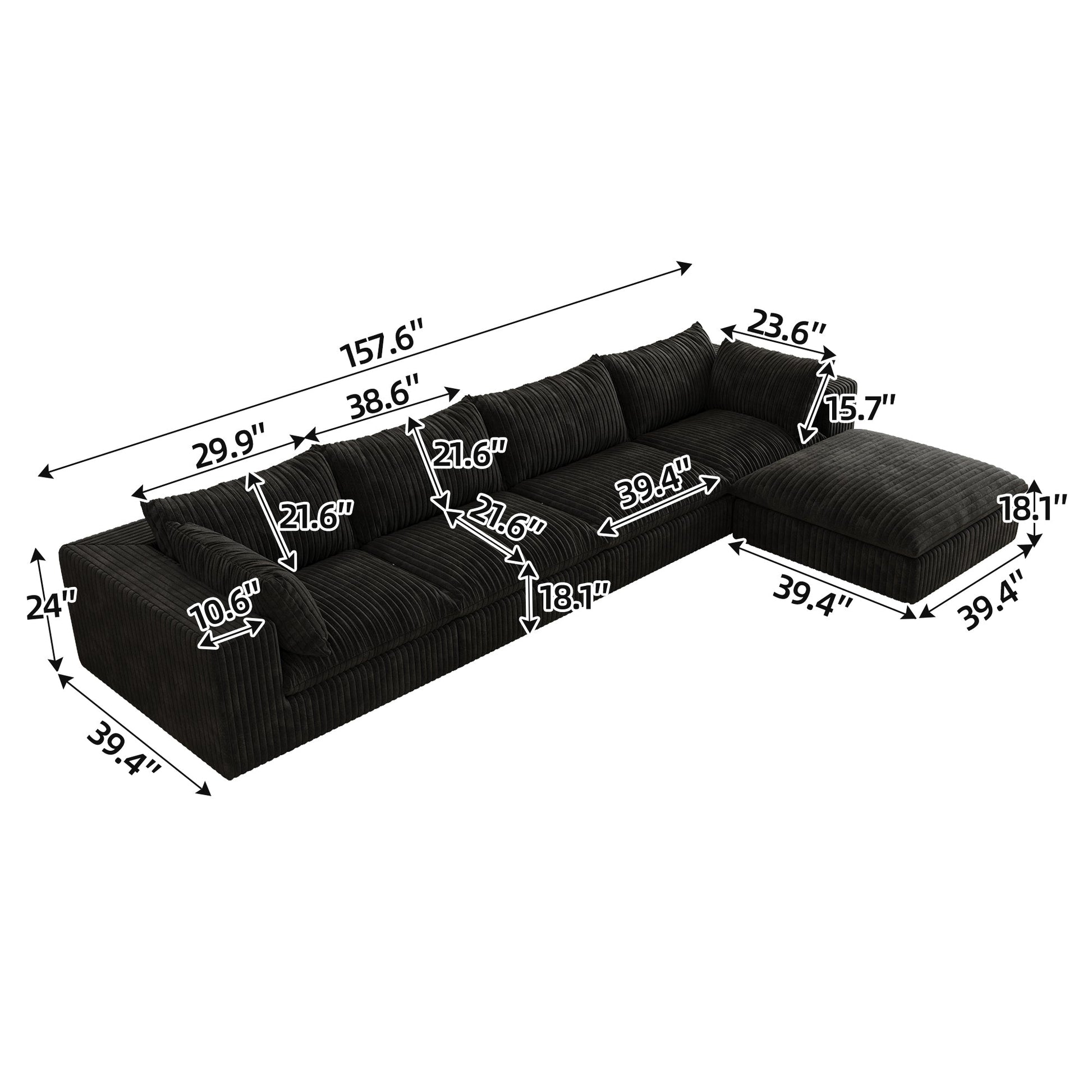 157.6'Cloud Sofa,Corduroy Fabric,Deep Seat Couches,Double - layer design,Removable Cushion,No Assembly,DIY Combination for Living room, Bedroom,Conference room ,Apartment,Black - 1st Choice Furniture Direct