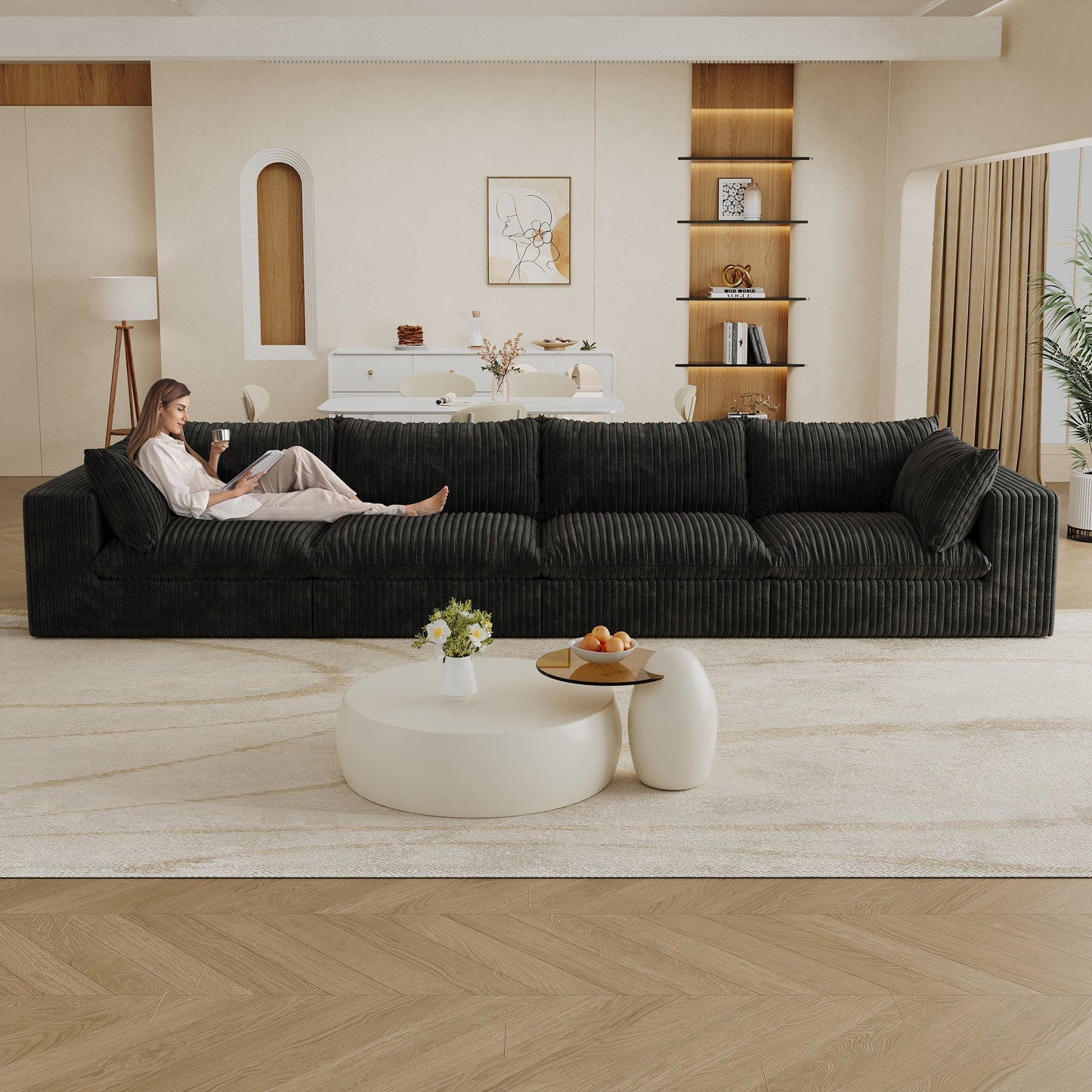 157.6'Cloud Sofa,Corduroy Fabric,Deep Seat Couches,Double - layer design,Removable Cushion,No Assembly,DIY Combination for Living room, Bedroom,Conference room ,Apartment,Black - 1st Choice Furniture Direct