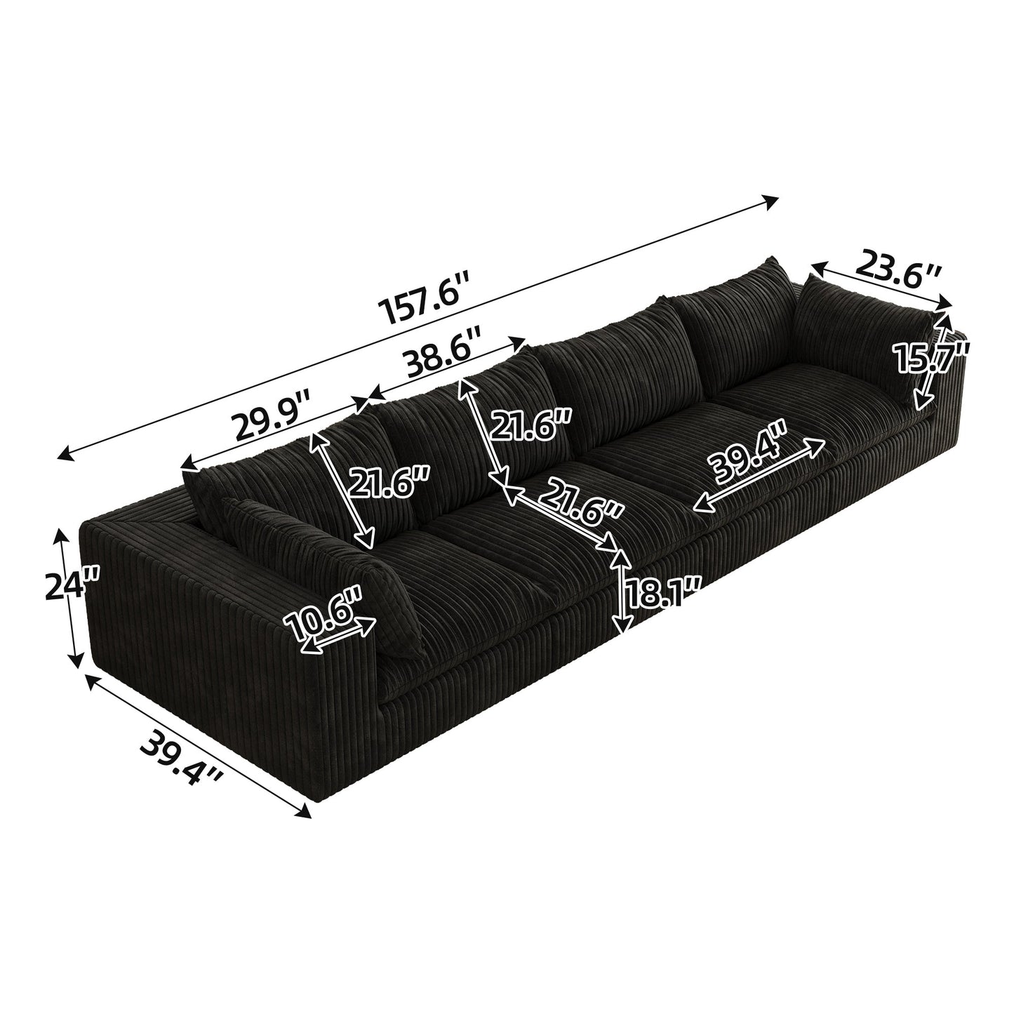 157.6'Cloud Sofa,Corduroy Fabric,Deep Seat Couches,Double - layer design,Removable Cushion,No Assembly,DIY Combination for Living room, Bedroom,Conference room ,Apartment,Black - 1st Choice Furniture Direct