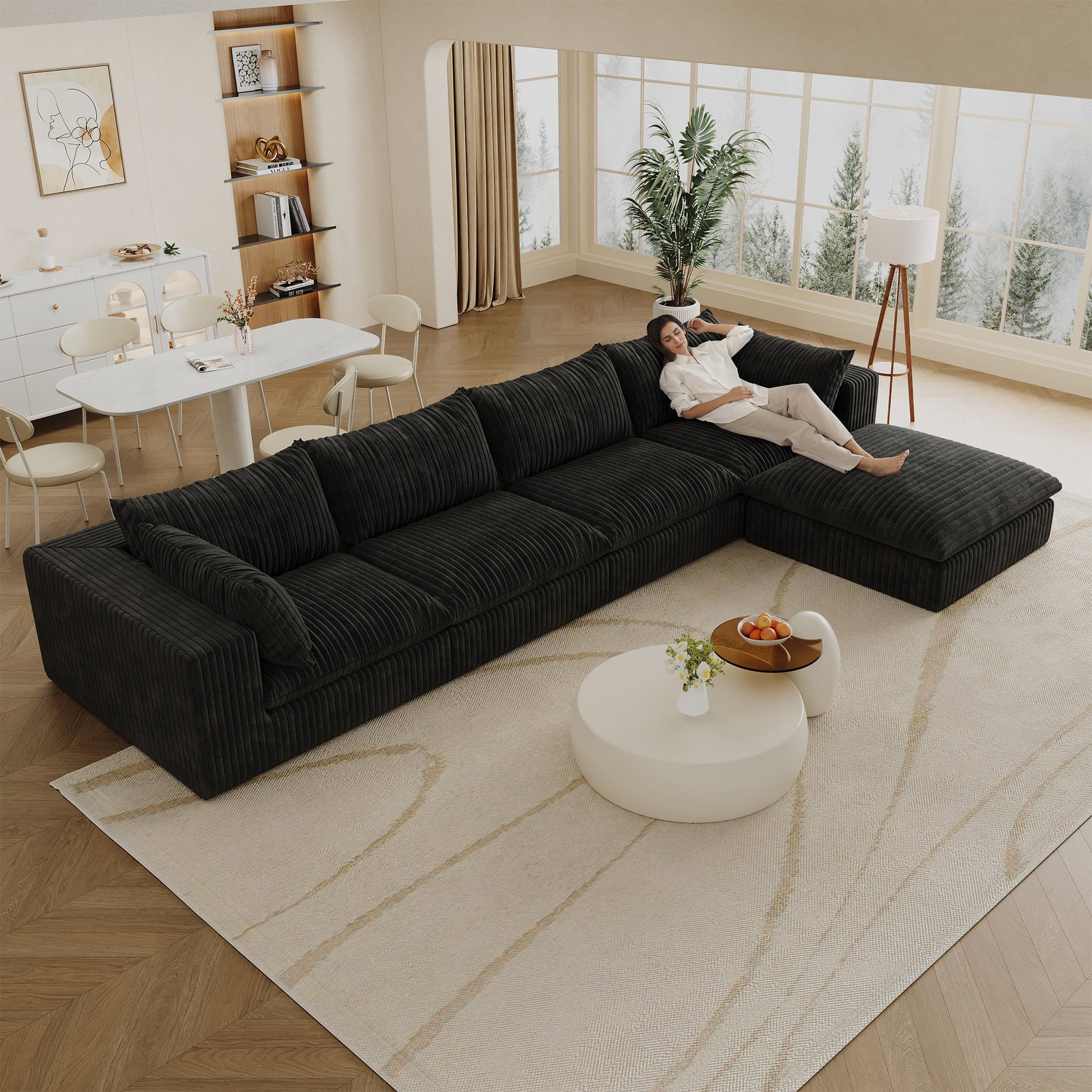 157.6'Cloud Sofa,Corduroy Fabric,Deep Seat Couches,Double - layer design,Removable Cushion,No Assembly,DIY Combination for Living room, Bedroom,Conference room ,Apartment,Black - 1st Choice Furniture Direct