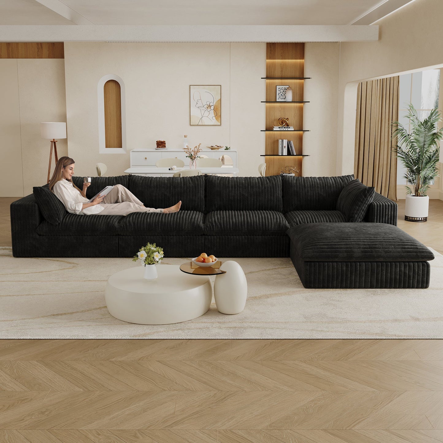157.6'Cloud Sofa,Corduroy Fabric,Deep Seat Couches,Double - layer design,Removable Cushion,No Assembly,DIY Combination for Living room, Bedroom,Conference room ,Apartment,Black - 1st Choice Furniture Direct