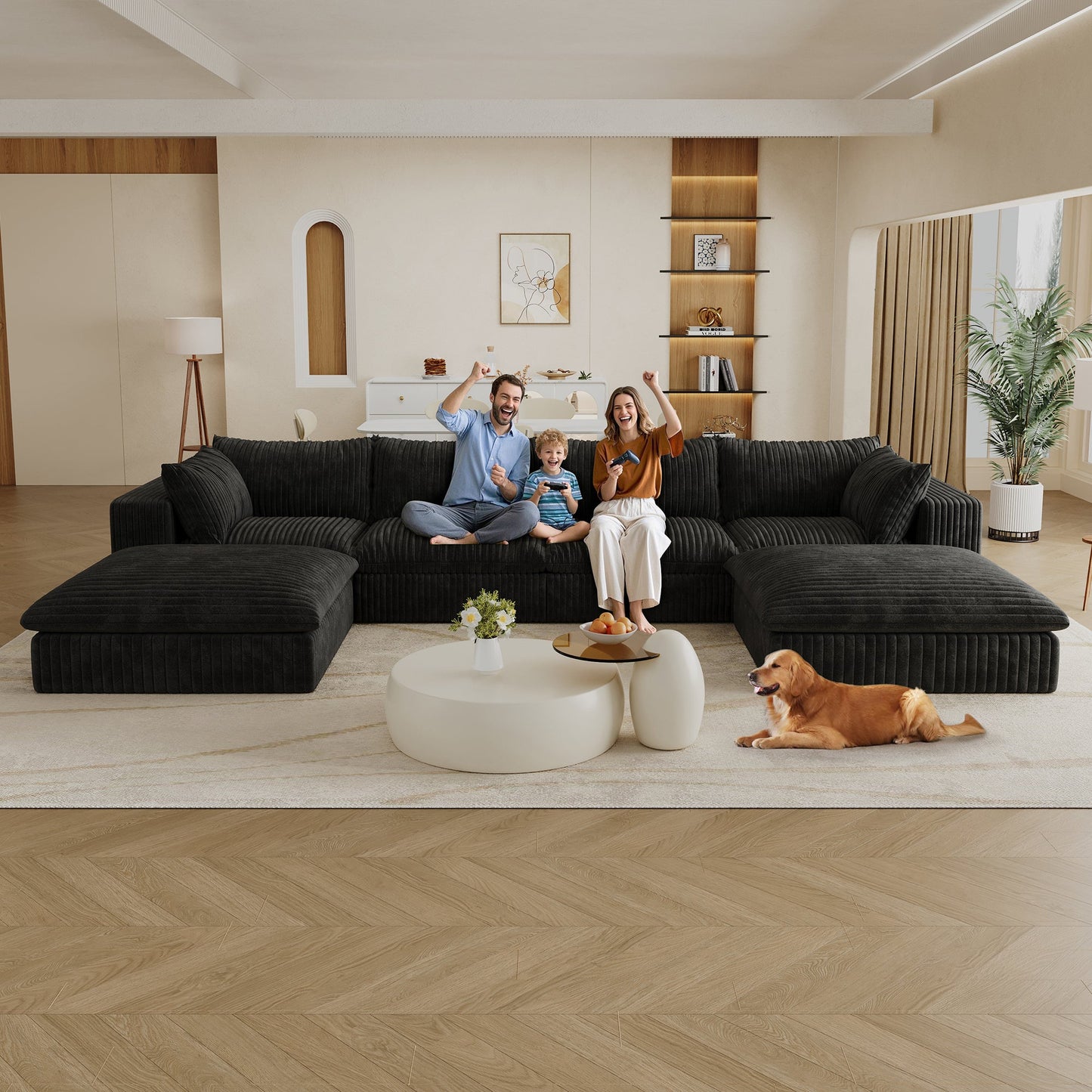 157.6'Cloud Sofa,Corduroy Fabric,Deep Seat Couches,Double - layer design,Removable Cushion,No Assembly,DIY Combination for Living room, Bedroom,Conference room ,Apartment,Black - 1st Choice Furniture Direct