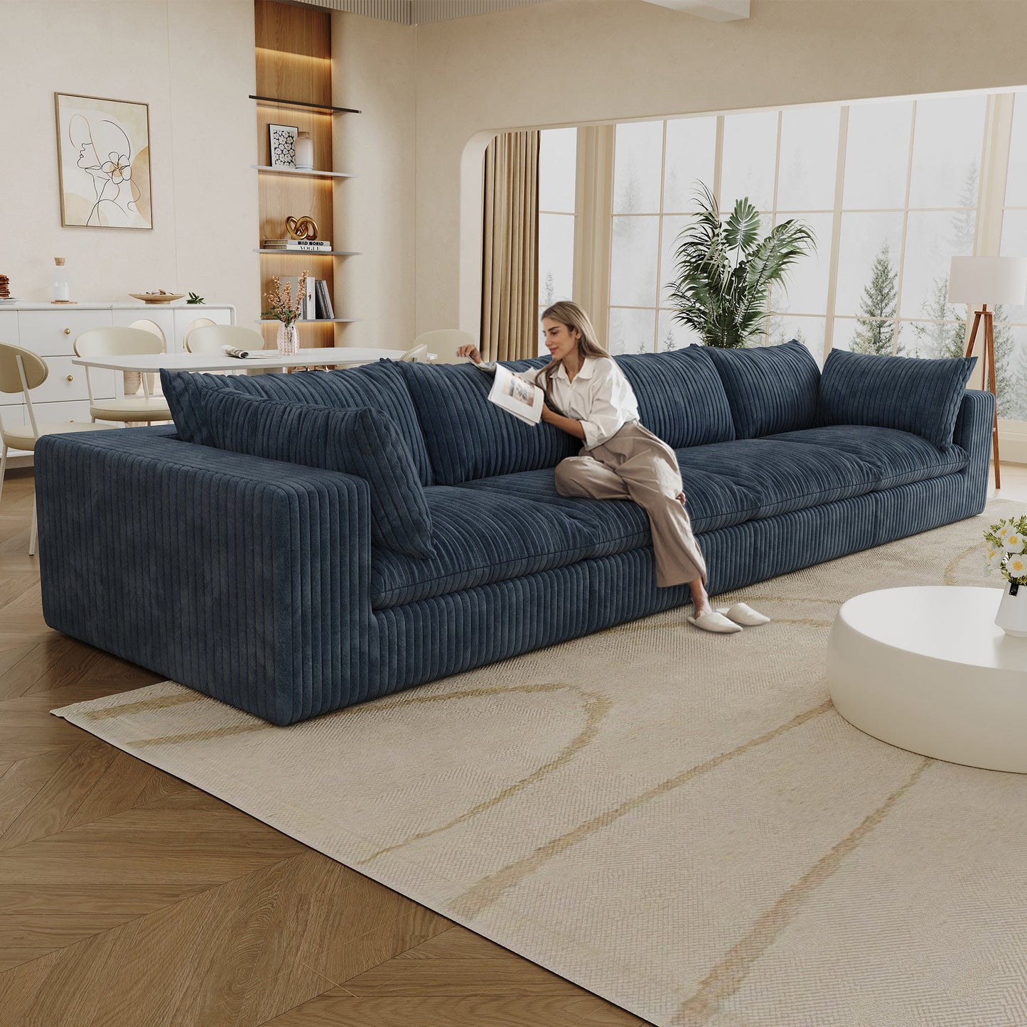 157.6'Cloud Sofa,Corduroy Fabric,Deep Seat Couches,Double - layer design,Removable Cushion,No Assembly,DIY Combination for Living room, Bedroom,Conference room ,Apartment,Blue - 1st Choice Furniture Direct