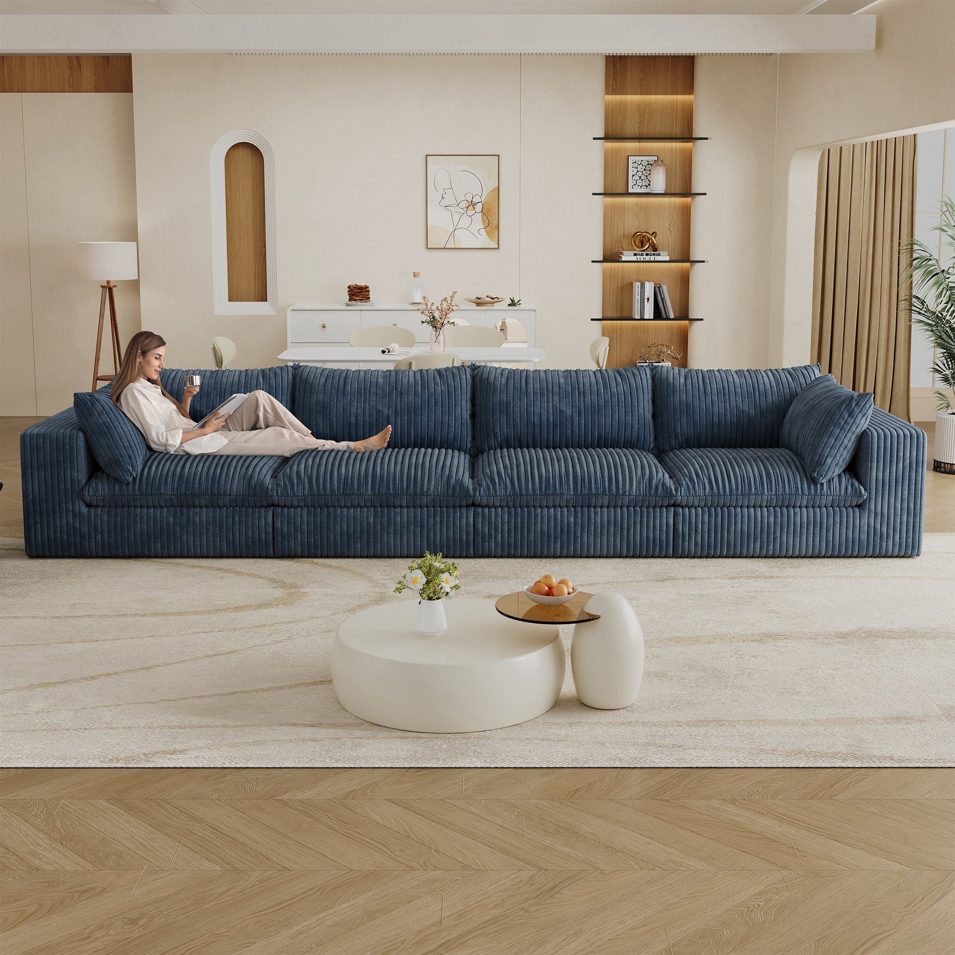 157.6'Cloud Sofa,Corduroy Fabric,Deep Seat Couches,Double - layer design,Removable Cushion,No Assembly,DIY Combination for Living room, Bedroom,Conference room ,Apartment,Blue - 1st Choice Furniture Direct