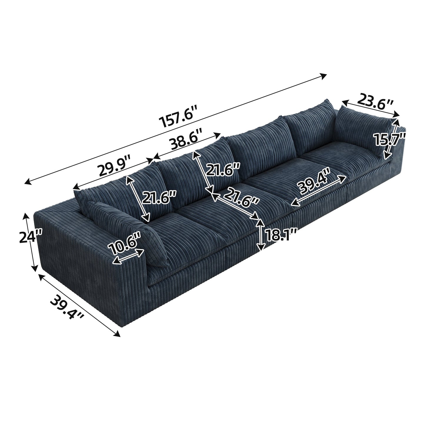 157.6'Cloud Sofa,Corduroy Fabric,Deep Seat Couches,Double - layer design,Removable Cushion,No Assembly,DIY Combination for Living room, Bedroom,Conference room ,Apartment,Blue - 1st Choice Furniture Direct