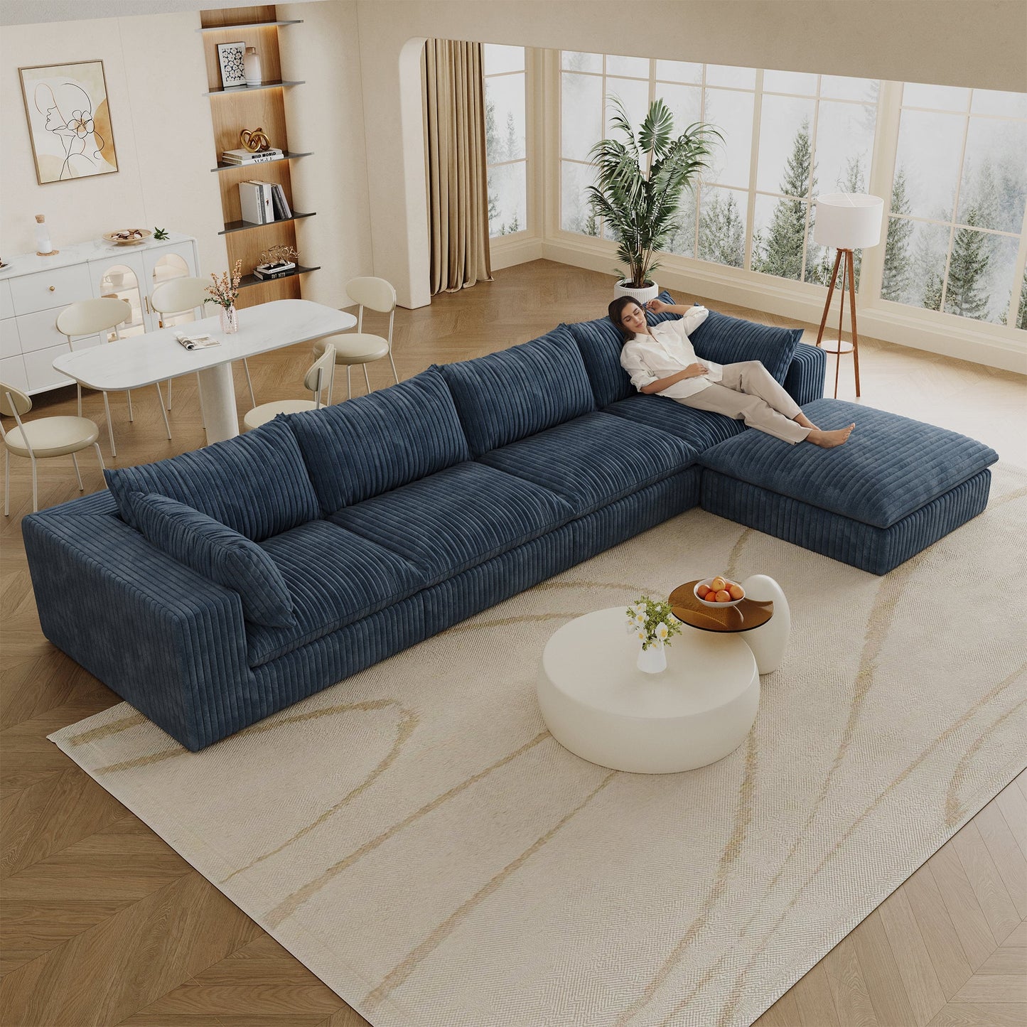 157.6'Cloud Sofa,Corduroy Fabric,Deep Seat Couches,Double - layer design,Removable Cushion,No Assembly,DIY Combination for Living room, Bedroom,Conference room ,Apartment,Blue - 1st Choice Furniture Direct