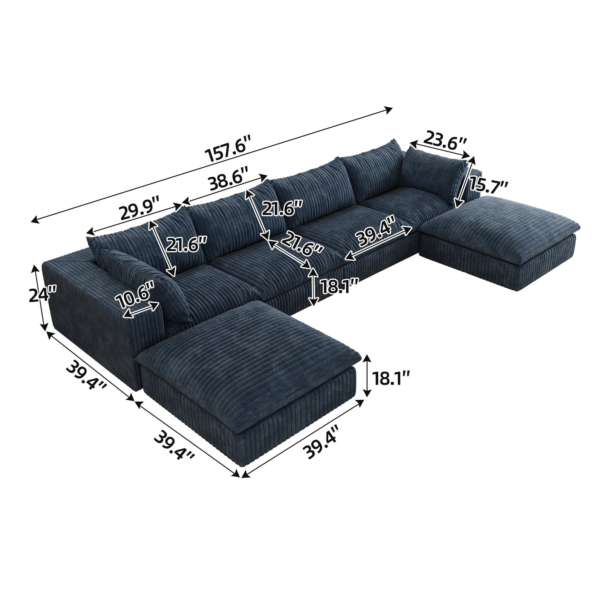 157.6'Cloud Sofa,Corduroy Fabric,Deep Seat Couches,Double - layer design,Removable Cushion,No Assembly,DIY Combination for Living room, Bedroom,Conference room ,Apartment,Blue - 1st Choice Furniture Direct