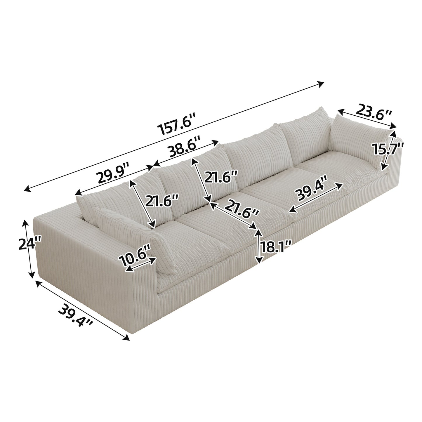 157.6'Cloud Sofa,Corduroy Fabric,Deep Seat Couches,Double - layer design,Removable Cushion,No Assembly,DIY Combination for Living room, Bedroom,Conference room ,Apartment,White - 1st Choice Furniture Direct