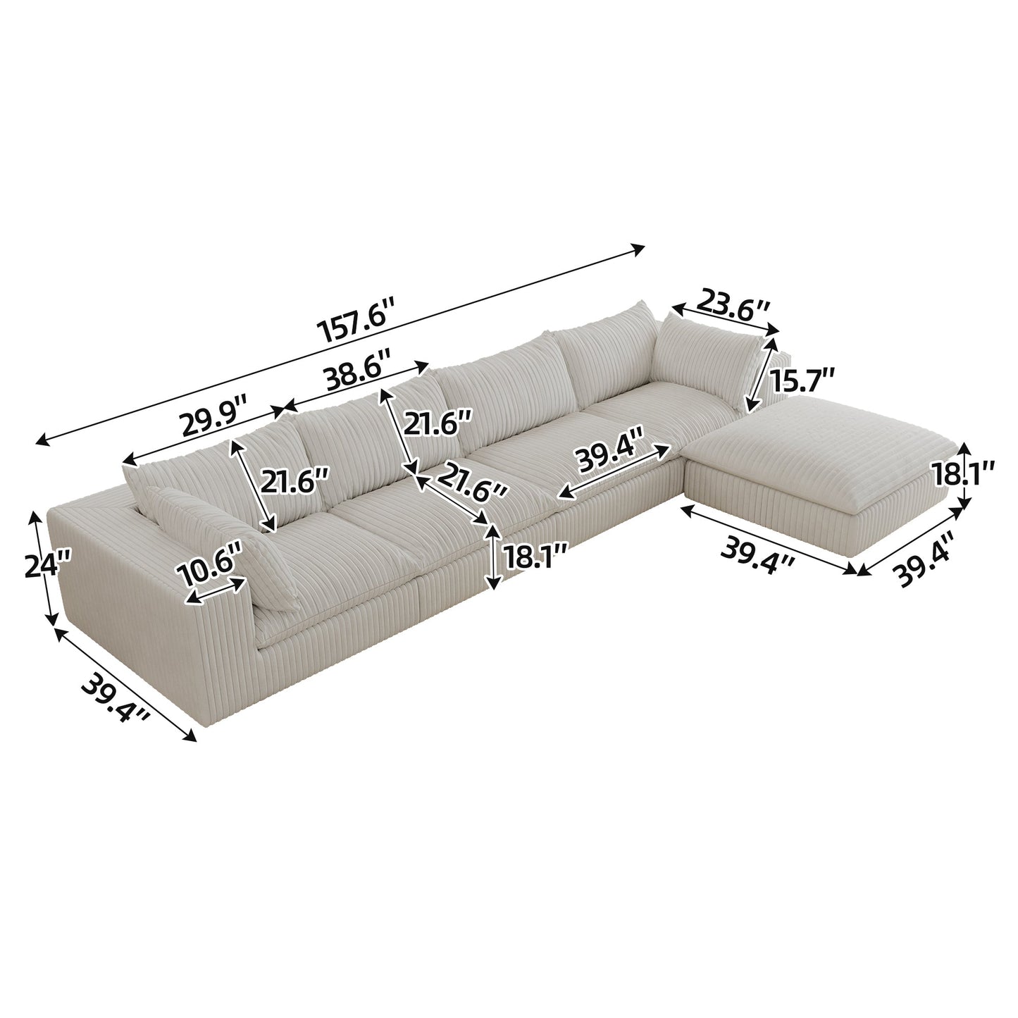 157.6'Cloud Sofa,Corduroy Fabric,Deep Seat Couches,Double - layer design,Removable Cushion,No Assembly,DIY Combination for Living room, Bedroom,Conference room ,Apartment,White - 1st Choice Furniture Direct