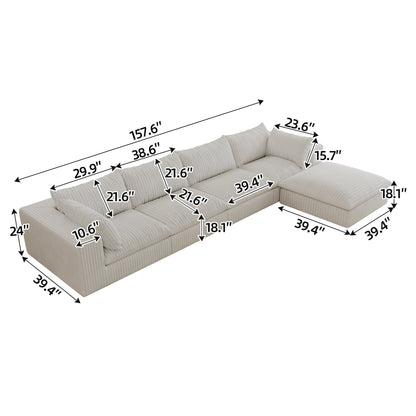 157.6'Cloud Sofa,Corduroy Fabric,Deep Seat Couches,Double - layer design,Removable Cushion,No Assembly,DIY Combination for Living room, Bedroom,Conference room ,Apartment,White - 1st Choice Furniture Direct
