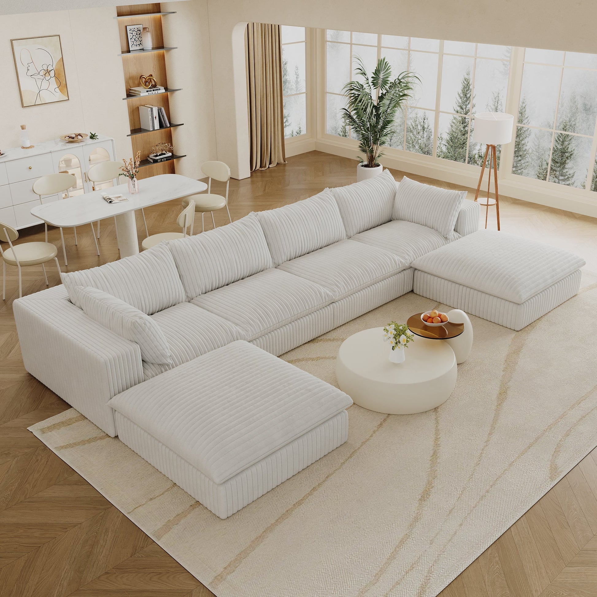 157.6'Cloud Sofa,Corduroy Fabric,Deep Seat Couches,Double - layer design,Removable Cushion,No Assembly,DIY Combination for Living room, Bedroom,Conference room ,Apartment,White - 1st Choice Furniture Direct