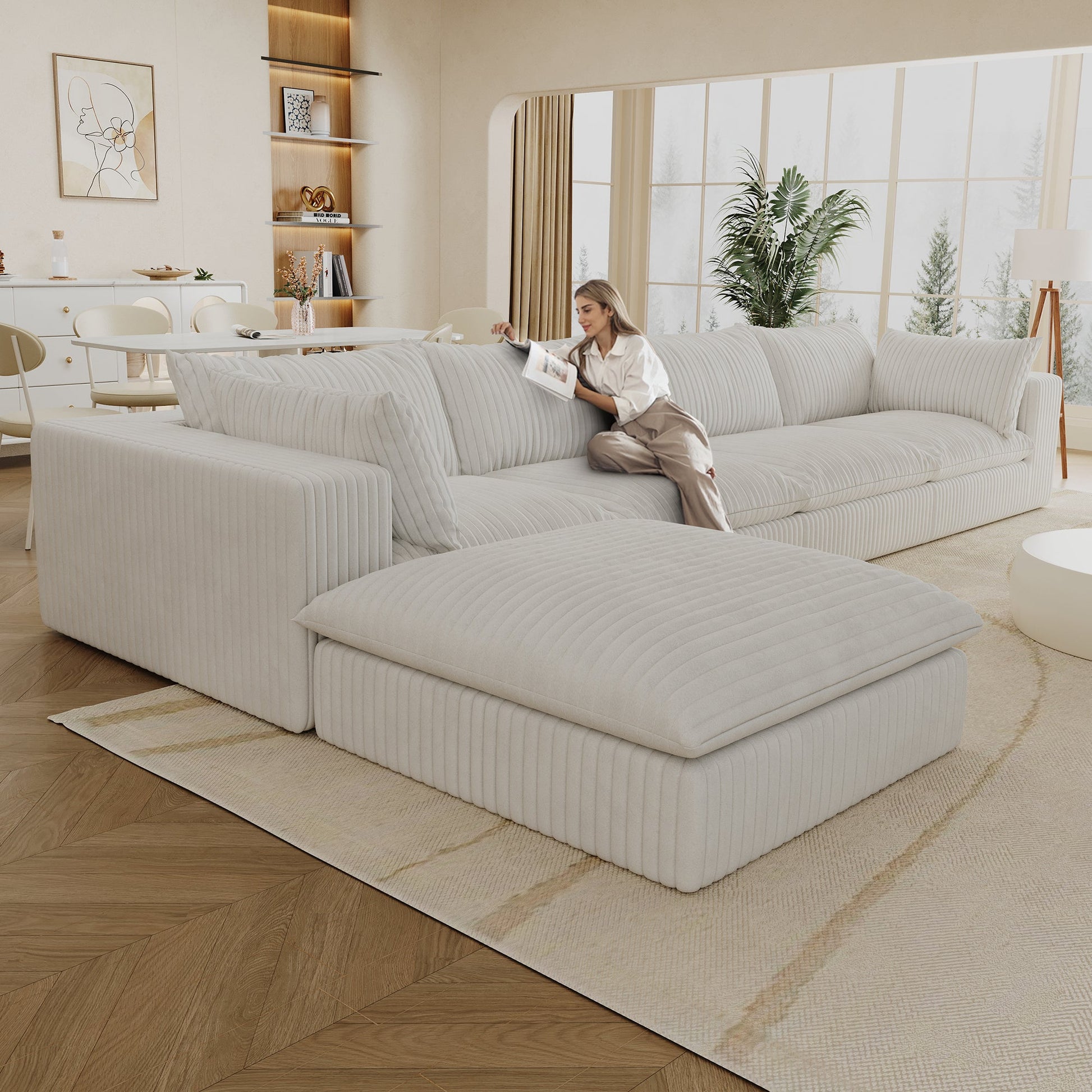 157.6'Cloud Sofa,Corduroy Fabric,Deep Seat Couches,Double - layer design,Removable Cushion,No Assembly,DIY Combination for Living room, Bedroom,Conference room ,Apartment,White - 1st Choice Furniture Direct