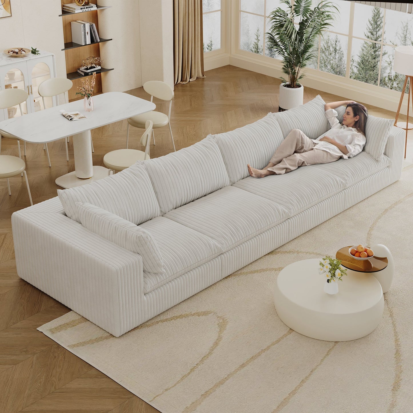 157.6'Cloud Sofa,Corduroy Fabric,Deep Seat Couches,Double - layer design,Removable Cushion,No Assembly,DIY Combination for Living room, Bedroom,Conference room ,Apartment,White - 1st Choice Furniture Direct