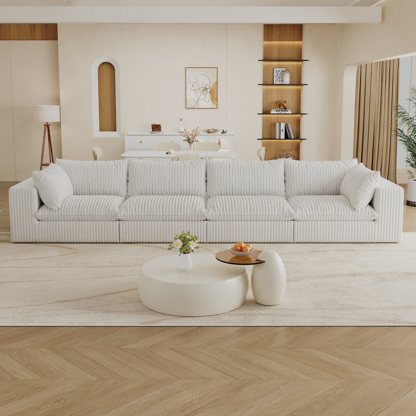 157.6'Cloud Sofa,Corduroy Fabric,Deep Seat Couches,Double - layer design,Removable Cushion,No Assembly,DIY Combination for Living room, Bedroom,Conference room ,Apartment,White - 1st Choice Furniture Direct