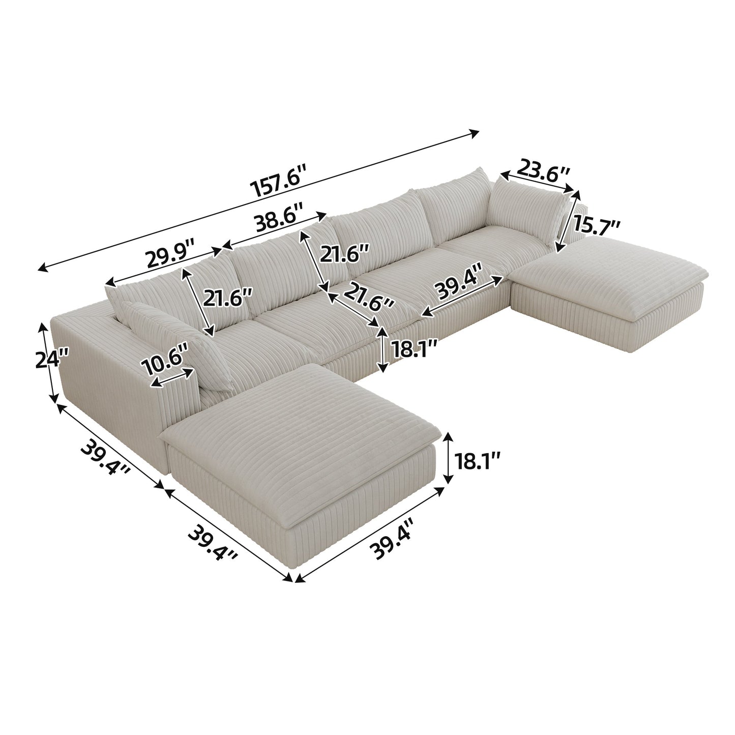 157.6'Cloud Sofa,Corduroy Fabric,Deep Seat Couches,Double - layer design,Removable Cushion,No Assembly,DIY Combination for Living room, Bedroom,Conference room ,Apartment,White - 1st Choice Furniture Direct