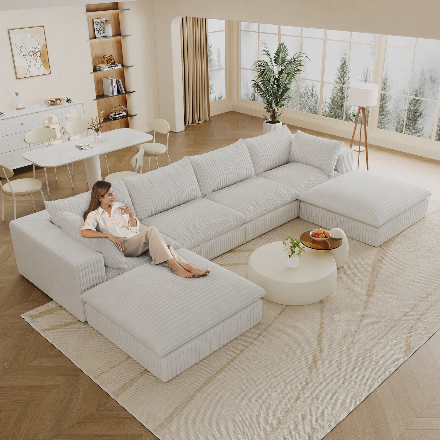 157.6'Cloud Sofa,Corduroy Fabric,Deep Seat Couches,Double - layer design,Removable Cushion,No Assembly,DIY Combination for Living room, Bedroom,Conference room ,Apartment,White - 1st Choice Furniture Direct