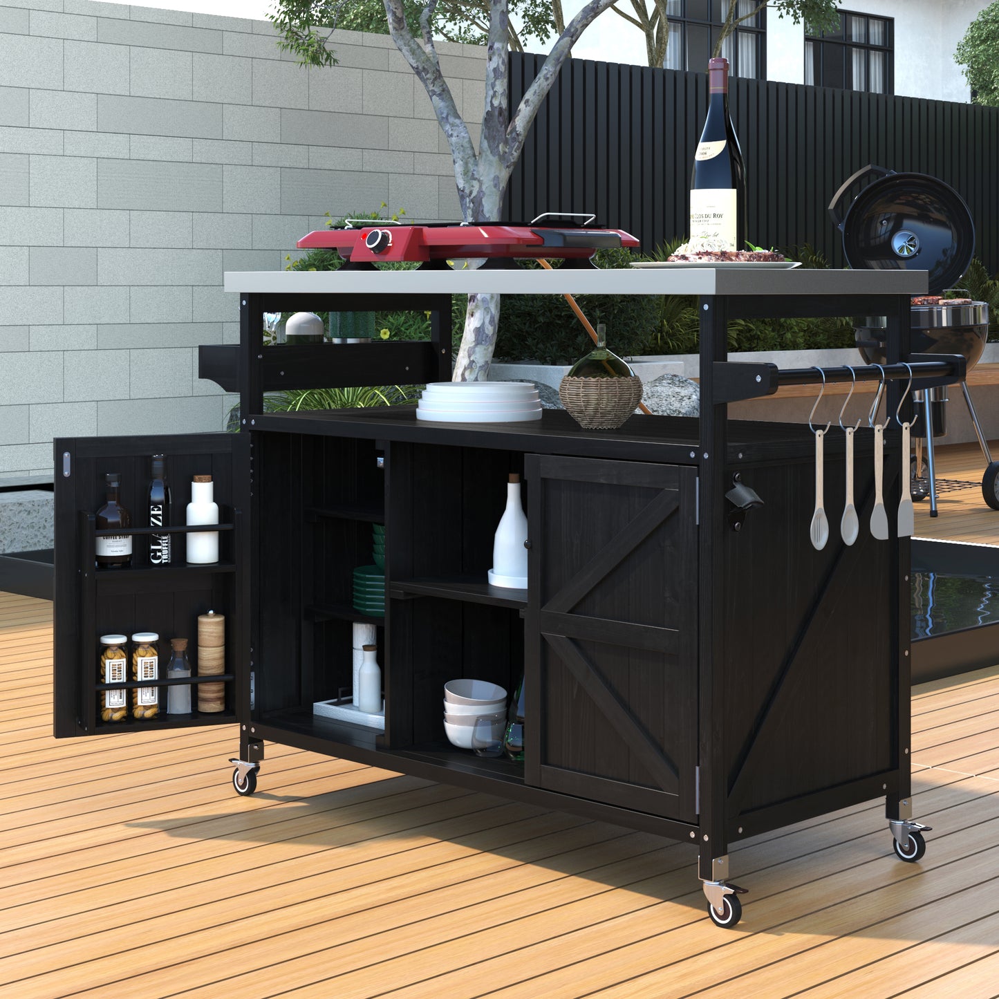 K&K Outdoor Kitchen Island, Rolling Bar Cart & Storage Cabinet, Farmhouse Solid Wood Outdoor Grill Table with Stainless Steel Top, Spice Rack , Towel Rack for Kitchen & Barbecue, Black