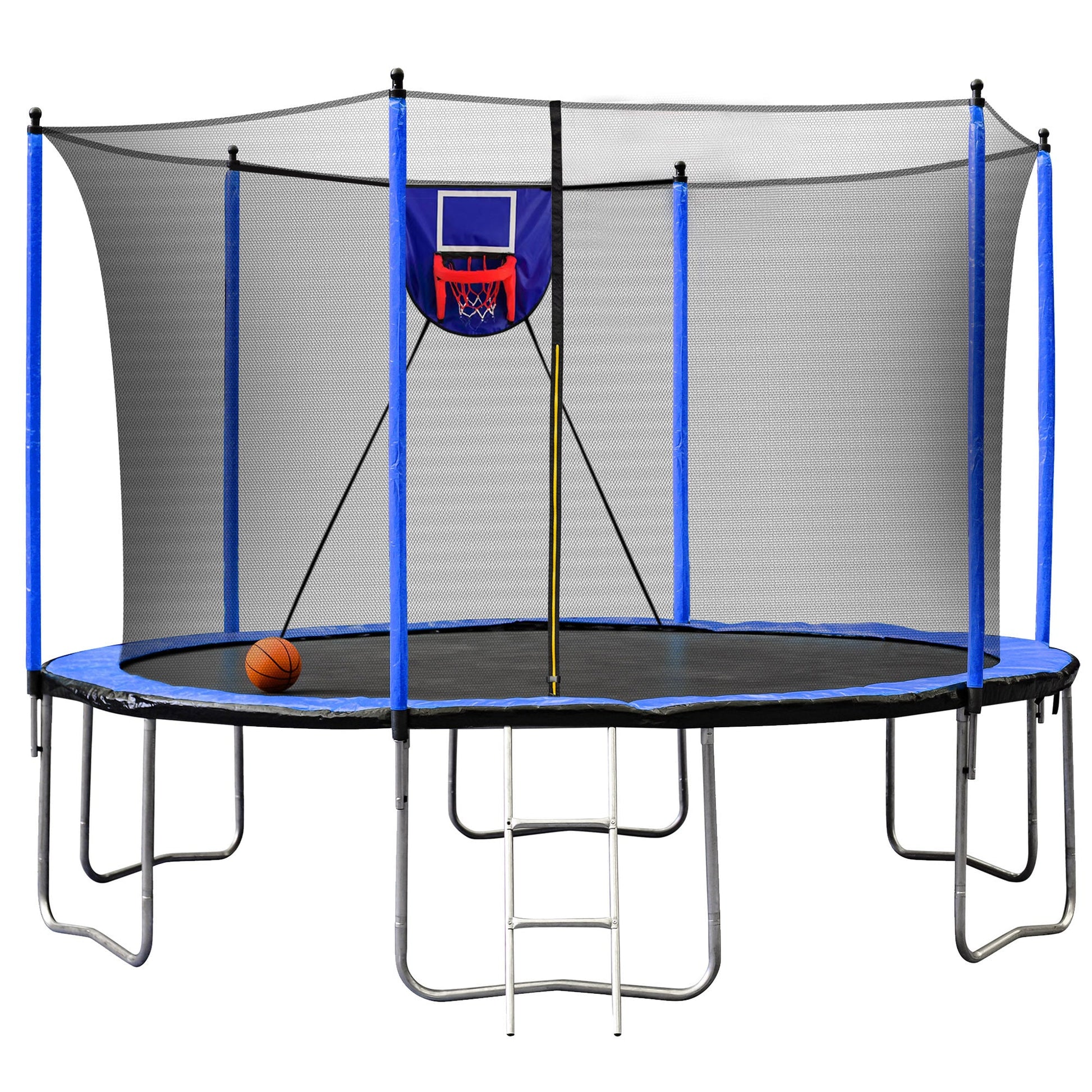 15FT Trampoline with Basketball Hoop Inflator and Ladder, 6pcs extra safety net pole sleeves - Blue - 1st Choice Furniture Direct