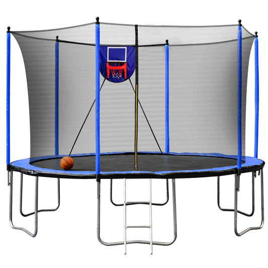 15FT Trampoline with Basketball Hoop Inflator and Ladder, 6pcs extra safety net pole sleeves - Blue - 1st Choice Furniture Direct
