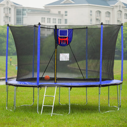 15FT Trampoline with Basketball Hoop Inflator and Ladder, 6pcs extra safety net pole sleeves - Blue - 1st Choice Furniture Direct