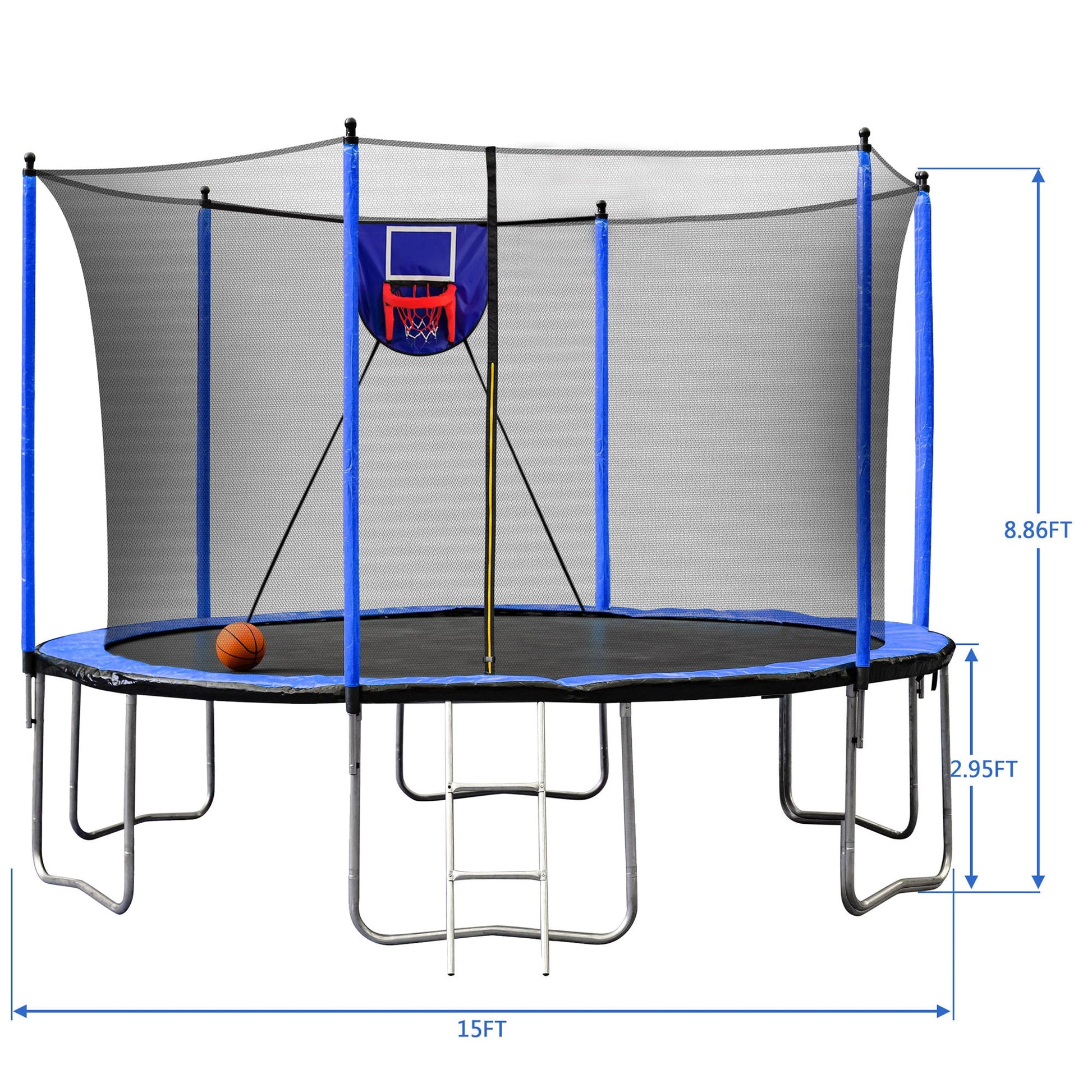 15FT Trampoline with Basketball Hoop Inflator and Ladder, 6pcs extra safety net pole sleeves - Blue - 1st Choice Furniture Direct