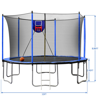 15FT Trampoline with Basketball Hoop Inflator and Ladder, 6pcs extra safety net pole sleeves - Blue - 1st Choice Furniture Direct