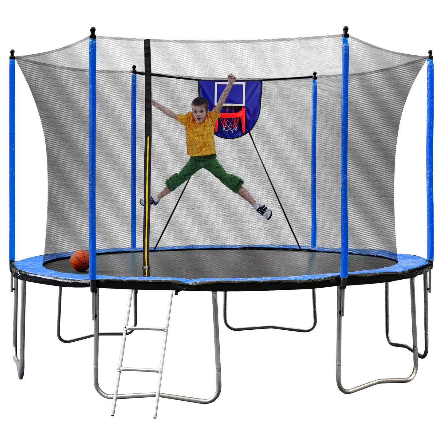 15FT Trampoline with Basketball Hoop Inflator and Ladder, 6pcs extra safety net pole sleeves - Blue - 1st Choice Furniture Direct