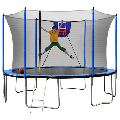15FT Trampoline with Basketball Hoop Inflator and Ladder, 6pcs extra safety net pole sleeves - Blue - 1st Choice Furniture Direct