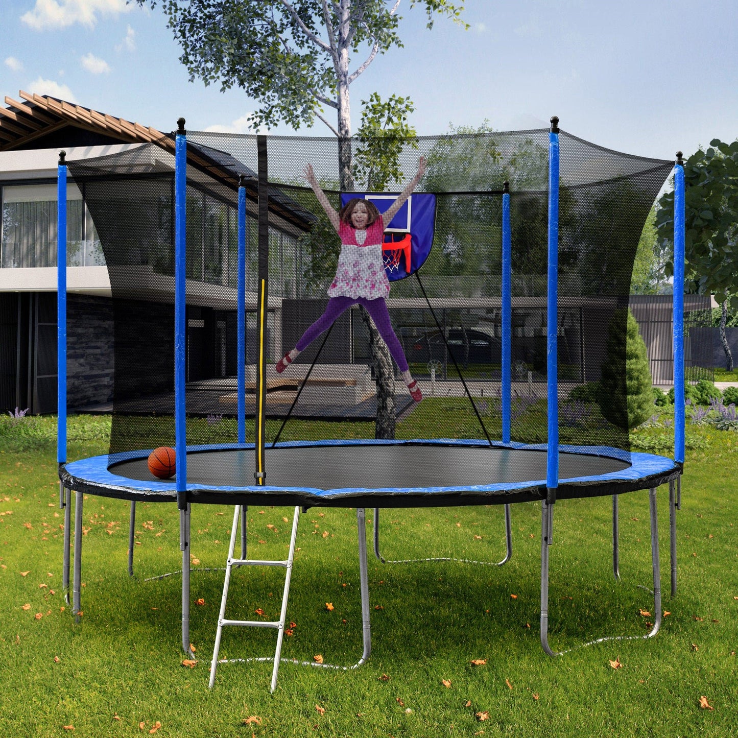 15FT Trampoline with Basketball Hoop Inflator and Ladder, 6pcs extra safety net pole sleeves - Blue - 1st Choice Furniture Direct