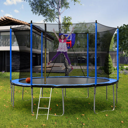 15FT Trampoline with Basketball Hoop Inflator and Ladder, 6pcs extra safety net pole sleeves - Blue - 1st Choice Furniture Direct