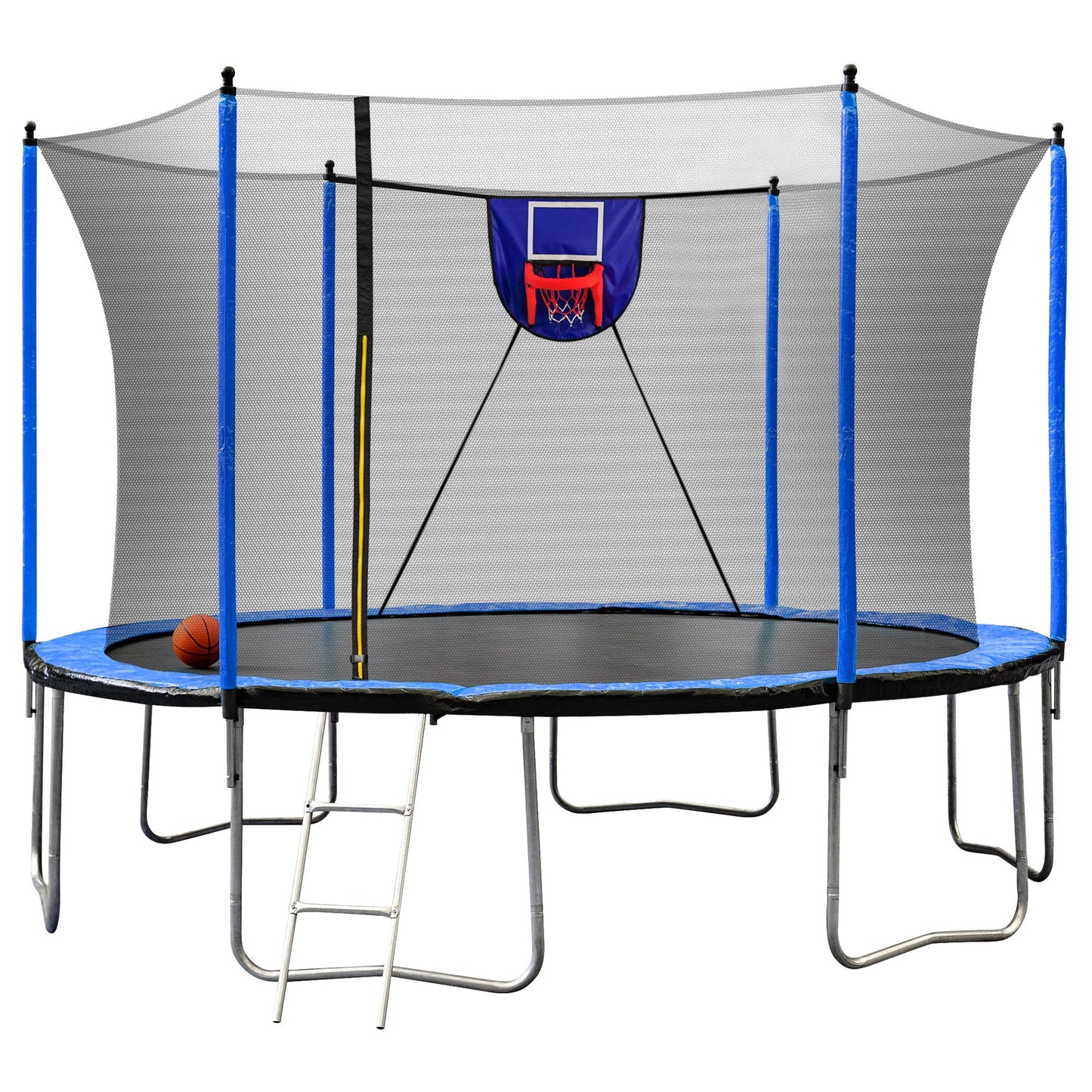 15FT Trampoline with Basketball Hoop Inflator and Ladder, 6pcs extra safety net pole sleeves - Blue - 1st Choice Furniture Direct