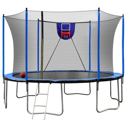 15FT Trampoline with Basketball Hoop Inflator and Ladder, 6pcs extra safety net pole sleeves - Blue - 1st Choice Furniture Direct
