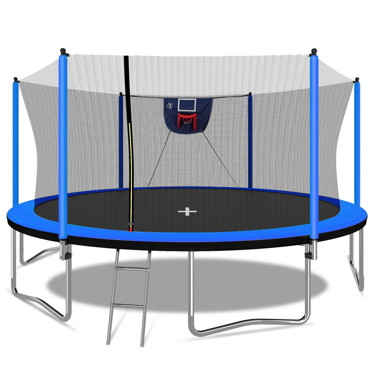 15FT Trampoline with Basketball Hoop Inflator and Ladder, 6pcs extra safety net pole sleeves - Blue - 1st Choice Furniture Direct