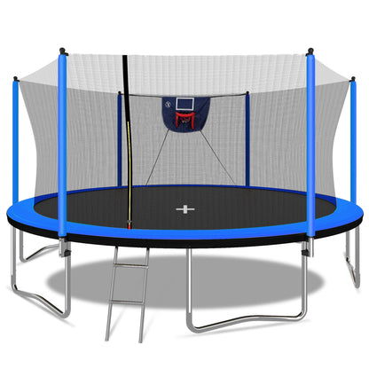 15FT Trampoline with Basketball Hoop Inflator and Ladder, 6pcs extra safety net pole sleeves - Blue - 1st Choice Furniture Direct
