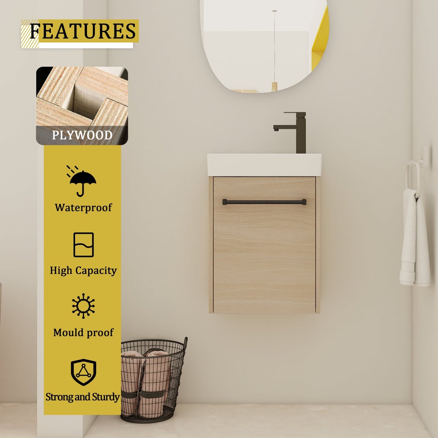 16'' Floating Wall - Mounted Bathroom Vanity with Ceramic Sink & Soft - Close Cabinet Door, For Small Bathroom - 1st Choice Furniture Direct