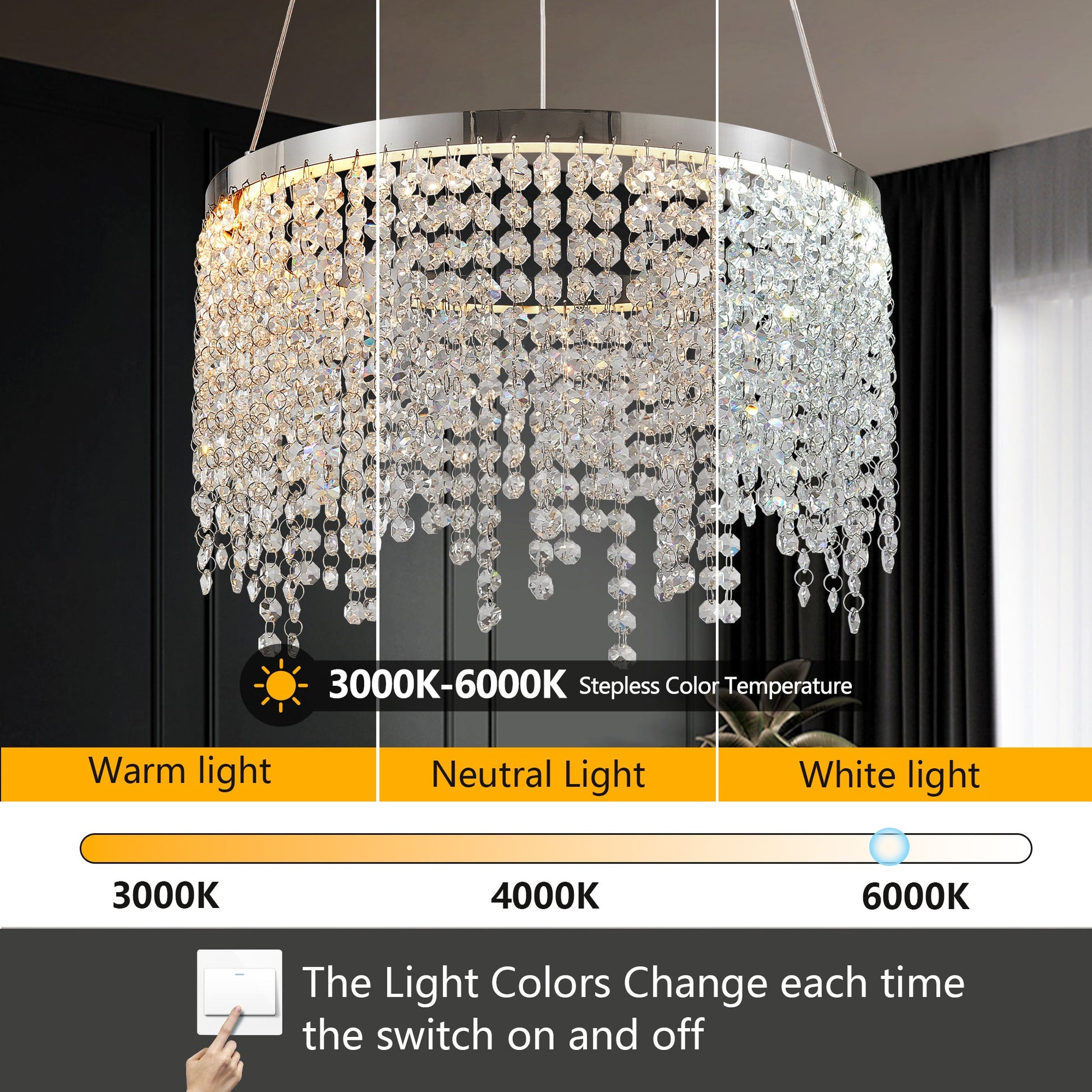 16 - inch Luxury Crystal LED Chandelier - Adjustable Height and Color Temperature (3000K - 6000K) - Modern Chandelier for Living Room, Dining Room and Bedroom - 1st Choice Furniture Direct
