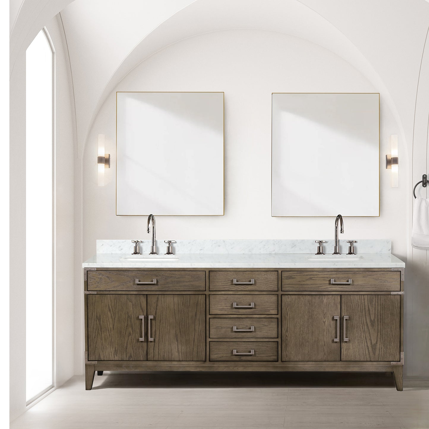 Grey Oak Double Bath Vanity 84 in. W x 22 in. D, Carrara Marble Top, and Faucet Set