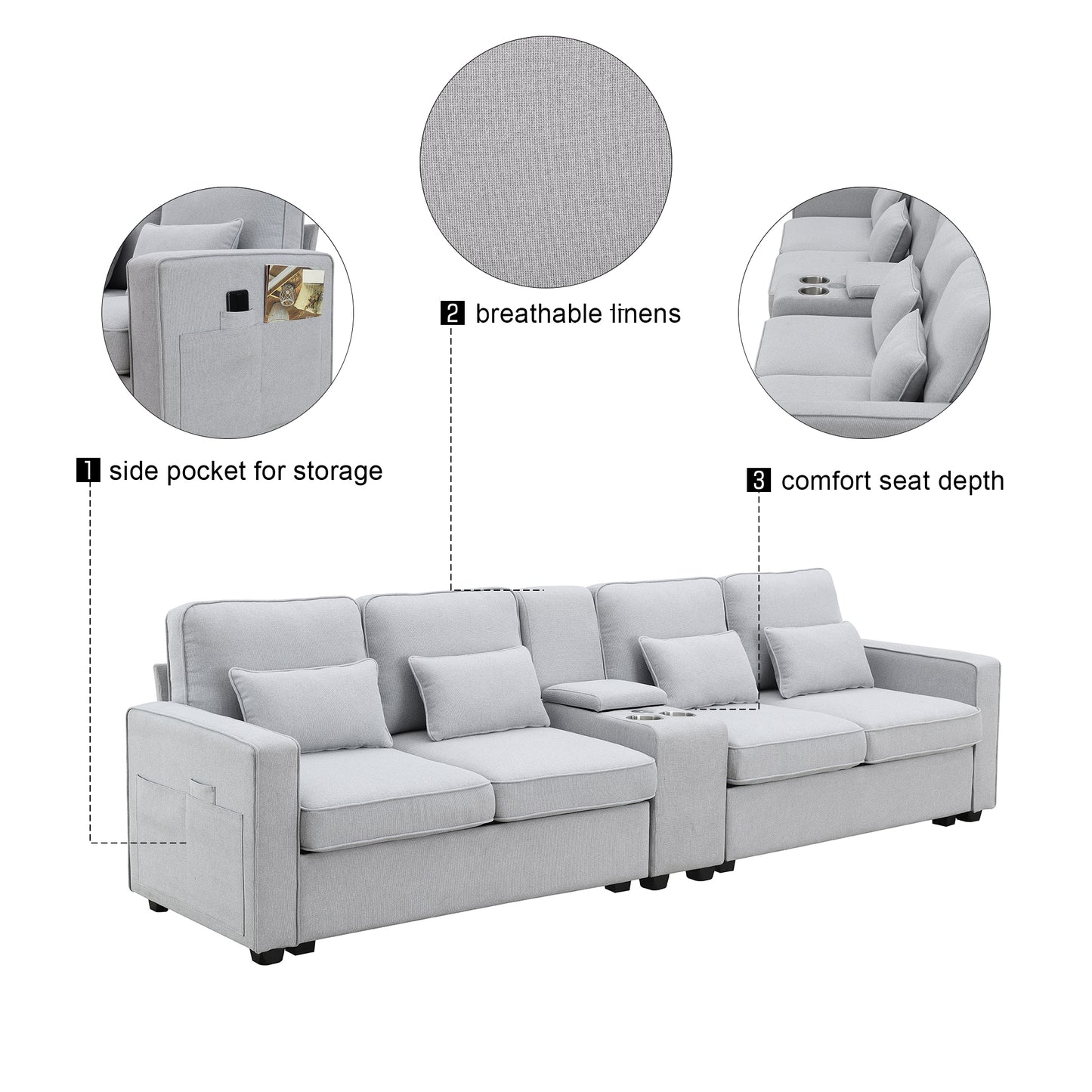 1st Choice Upholstered Sofa Modern Linen Fabric Couches with 4 Pillows