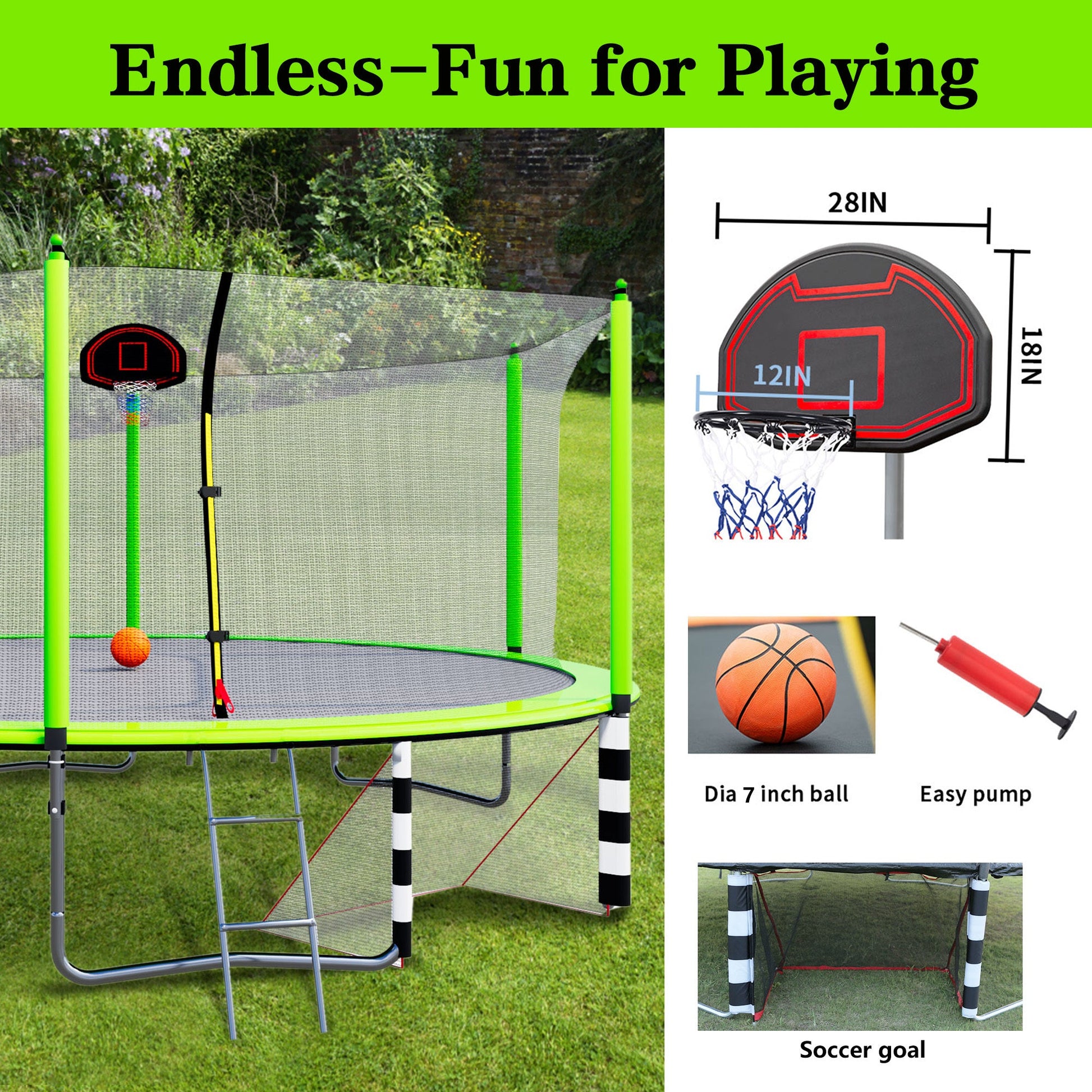 16FT Trampoline with Basketball Hoop pump and Ladder(Inner Safety Enclosure) with soccer goal Green - 1st Choice Furniture Direct