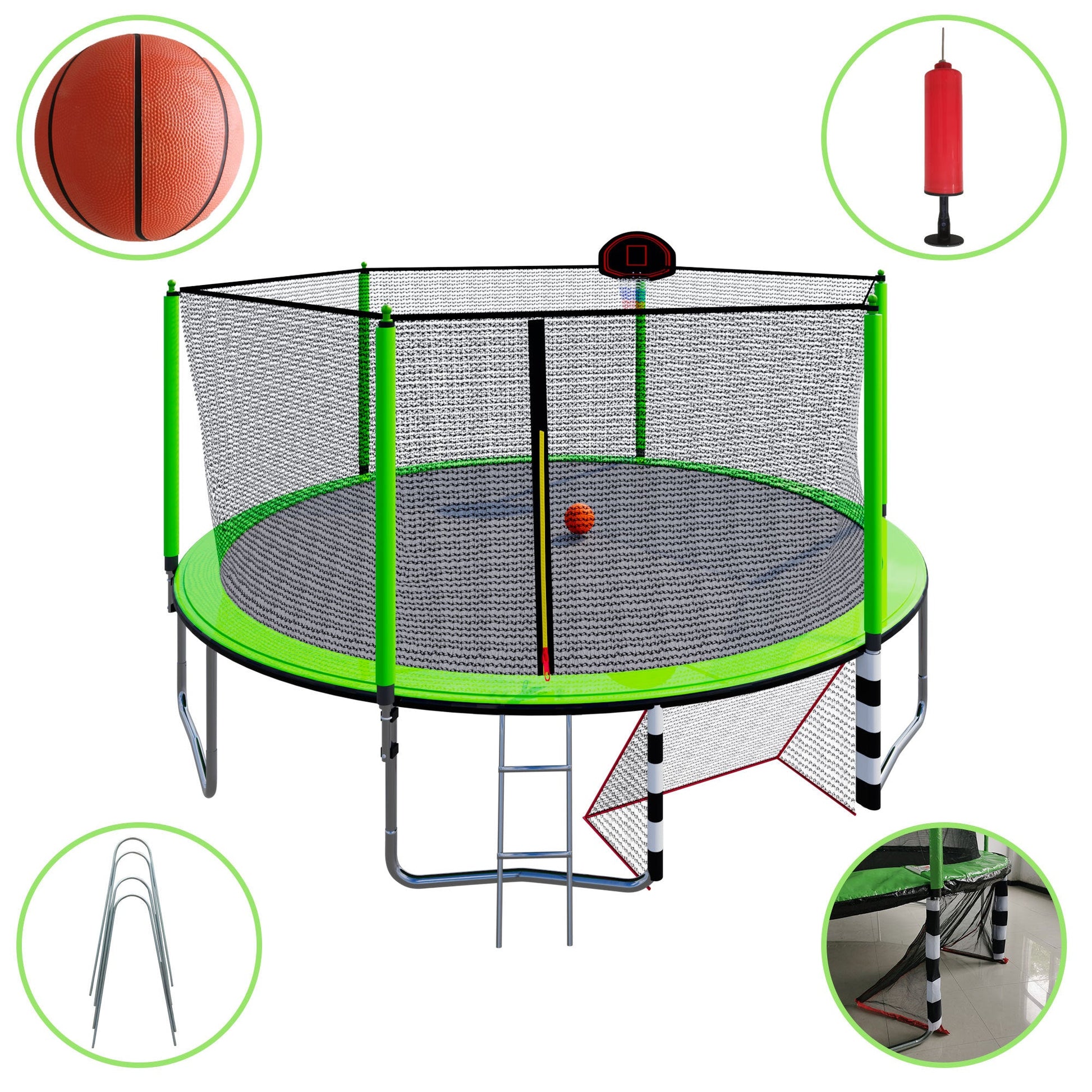 16FT Trampoline with Basketball Hoop pump and Ladder(Inner Safety Enclosure) with soccer goal Green - 1st Choice Furniture Direct